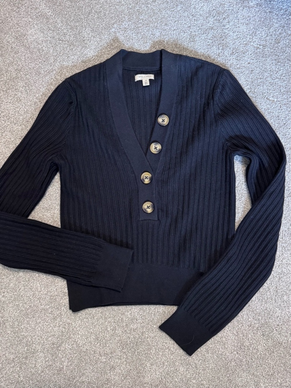 Pilcro Black Ribbed V-Neck Button-Front Sweater